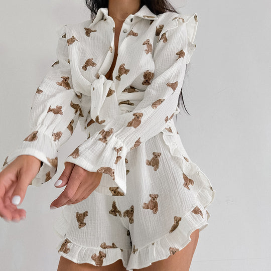 Summer Purified Cotton Pajamas Women Wooden Ear Sweet Printed Long Sleeve Slit Shorts Soft Two Piece Home Wear