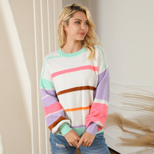 Autumn Pullover round Neck Long Sleeves Top Women Personalized Striped Contrast Color Dopamine Drop Shoulder Sweater Women