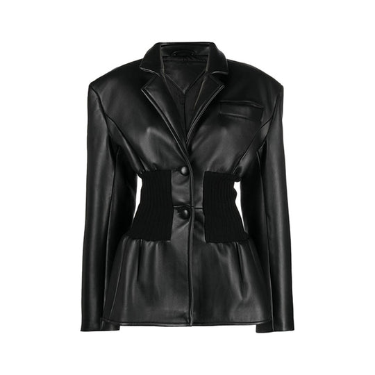 Niche Design Model Faux Leather Jacket Patchwork Knitted Super Tight Waist Contour