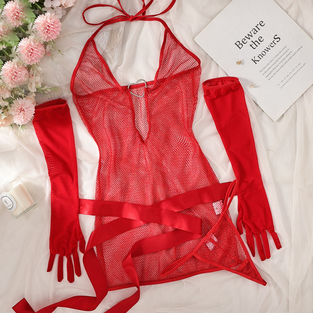 Lace Shiny Mesh Connection Hollow Out Cutout Breathable Backless Sexy Women Pajamas