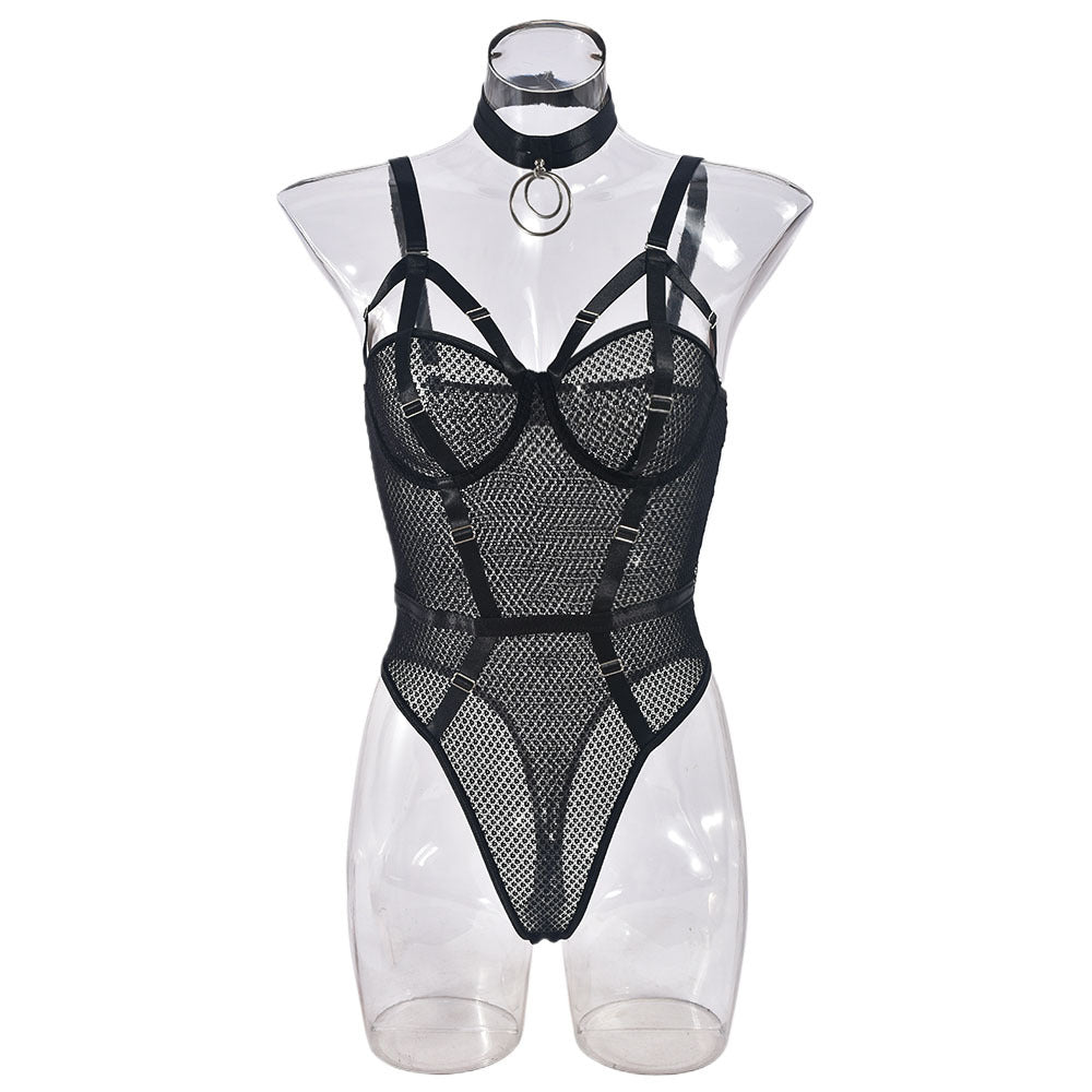 Sexy Lingerie Mesh Metal Adjustable Chest Hollow Out Cutout with Collar Sexy Siamese