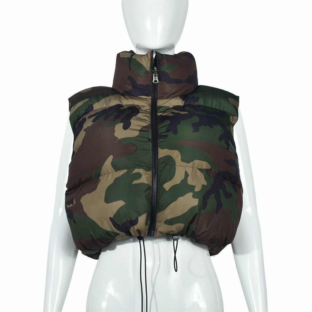 Street Camouflage Vest Quilted Stand Collar Zipper Sleeveless Short Shipment Cotton Padded Coat