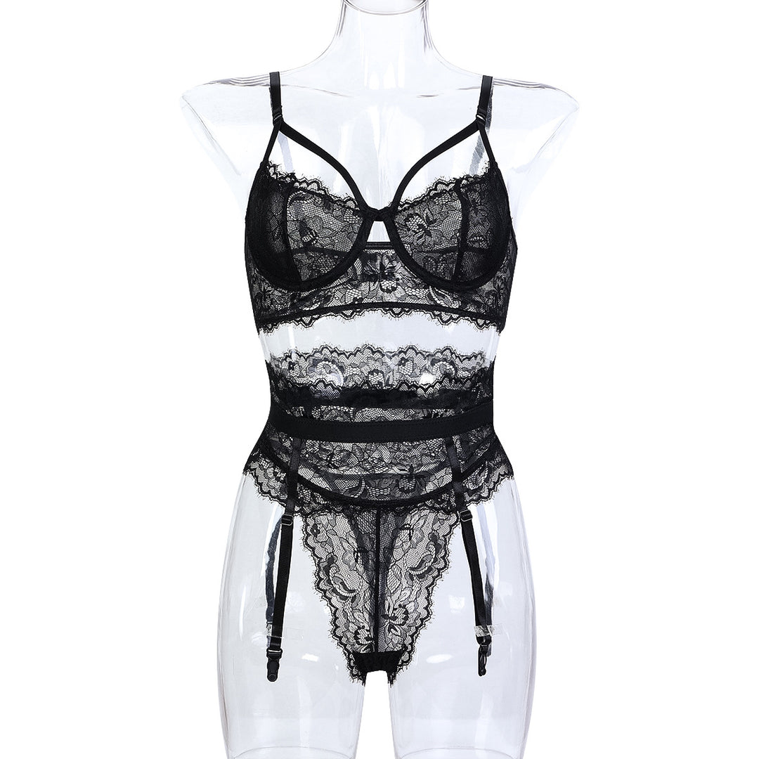 Sexy Lace Thin Black See through Three Piece Sexy Lingerie