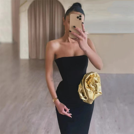 Three Dimensional Gold Floral Tube Top Bandage One Piece Dress Ladies Party Party Dress