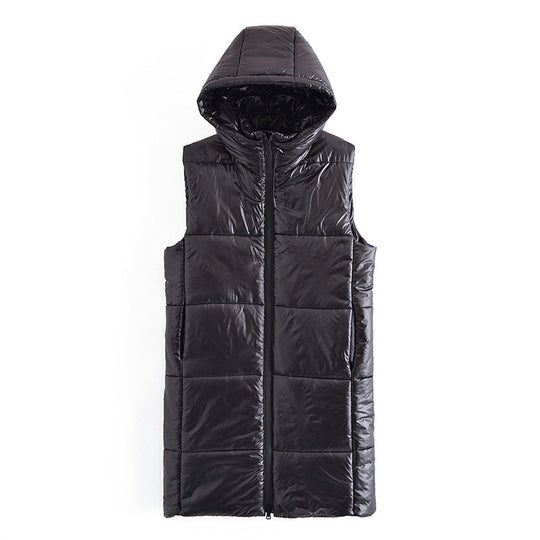 Women Clothing Black Faux Leather Cotton Padded Long Warm Hooded Vest