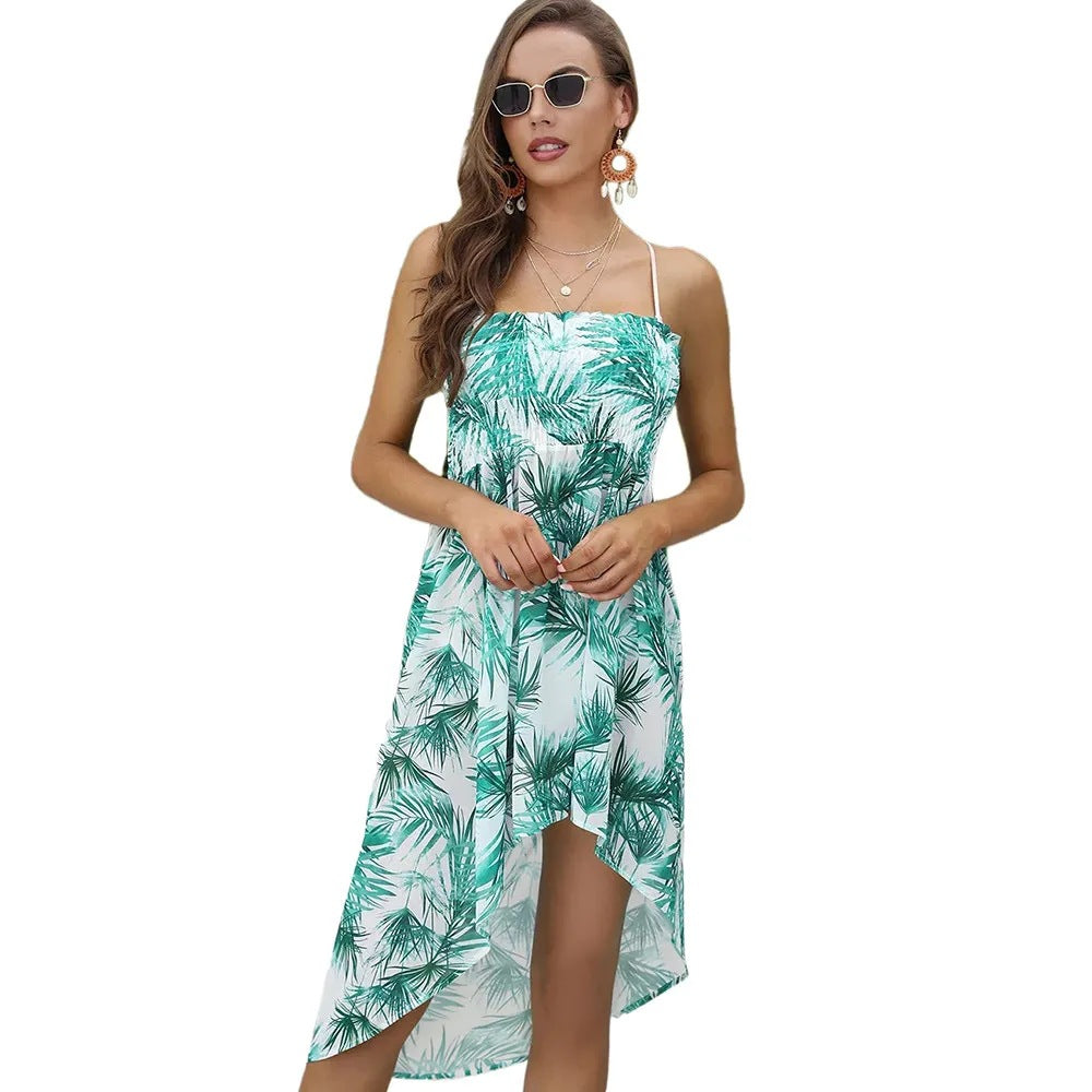 Spring Summer Women Clothing Spaghetti Strap Floral Print off the Shoulder Dress