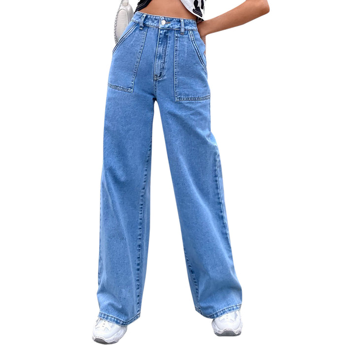 Women Clothing Large Pocket High Waist Casual Straight-Leg Denim Pants Summer