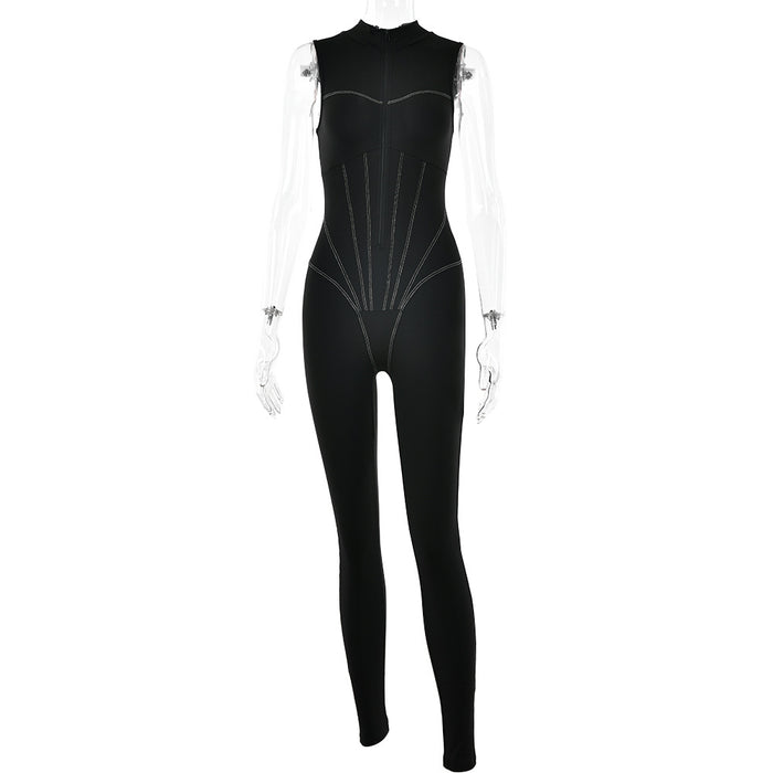 Women Clothing Summer Jumpsuit Sexy Tight Sleeveless Zipper Sports High Elastic Jumpsuit Trousers