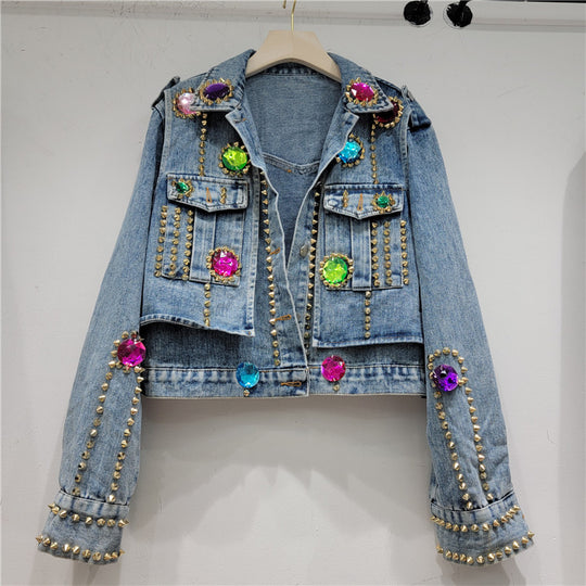 Autumn Heavy Industry Rhinestone Beaded Slimming All Matching Short Denim Coat Women