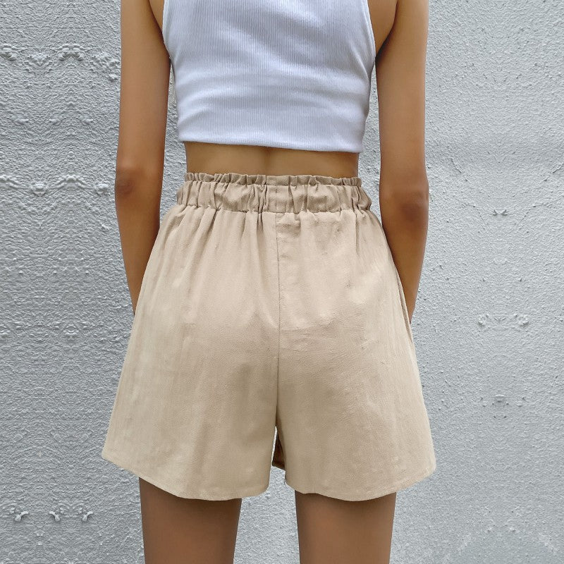Summer Cotton Loose Drawstring Cotton Linen Casual Wide-Leg Shorts Women