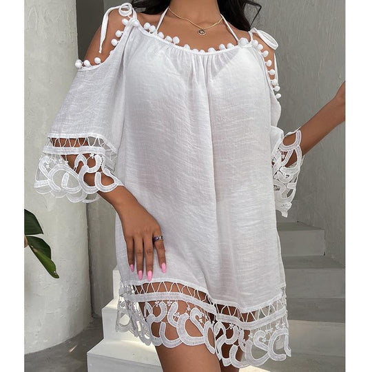 Bamboo Joint Stitching Lace Beach Cover up Sexy Cutout Word Collar Vacation Sun Protection Swimsuit Blouse