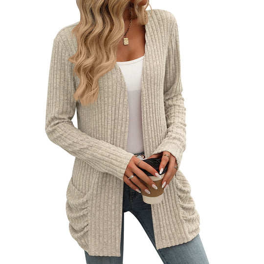 Autumn Winter Solid Color Rib Fabric Brushed Pocket Cardigan Long Sleeve Coat Women