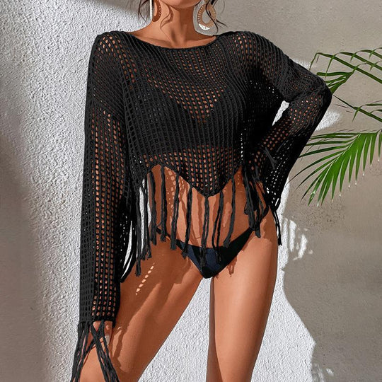 Knitted Tassel Beach Cover Up Sexy Cutout Vacation Skirt Swimsuit Sun Protection Shirt Beach Cover Up