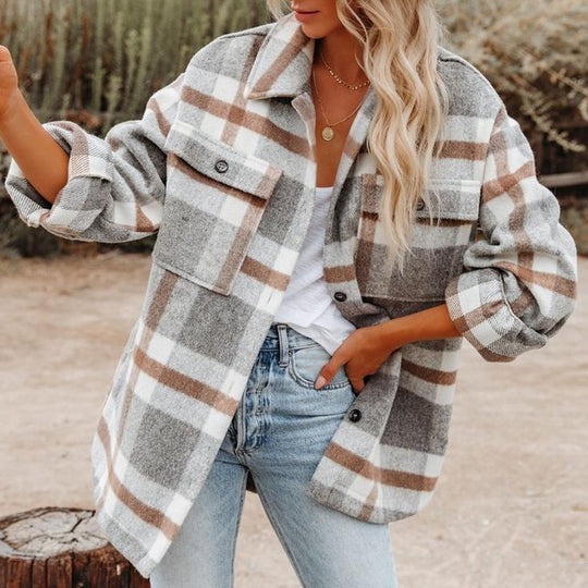 Women Clothing Autumn Winter New Plaid Button Shacket Flannel Woolen Coat Coat