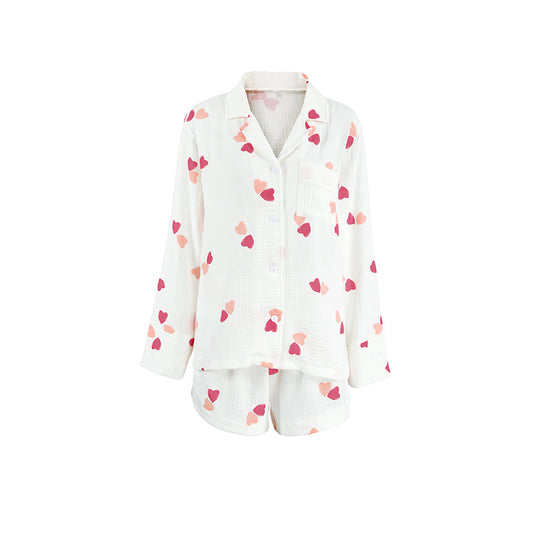 Heart Printing Sweet Crepe Cotton Pajamas Women Long Sleeved Shorts Set Summer Loungewear