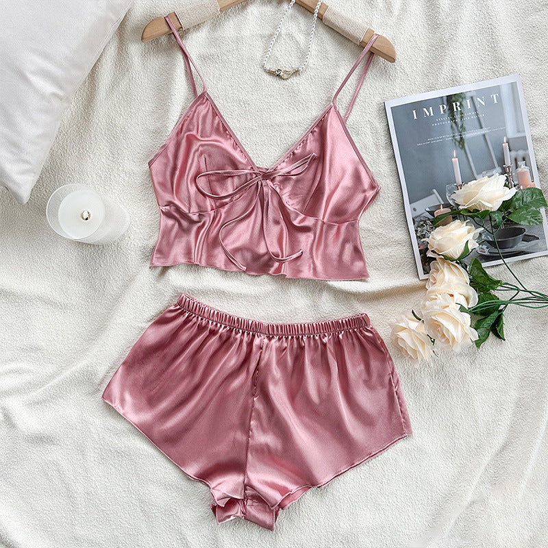 Sexy Lingerie Sexy Home Wear Ice Silk Pajamas Women Sling Apron Shorts Set