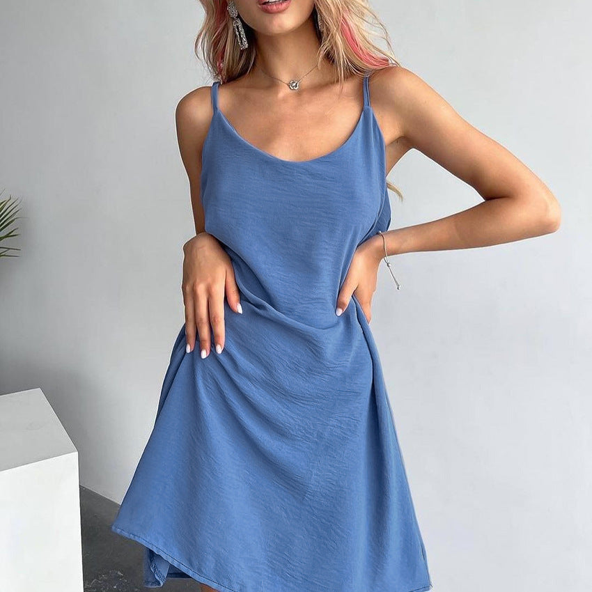 Summer Thin Bubble Wrinkle Strap Short Nightdress Soft Skin Friendly Solid Color Simple Breathable Ladies Homewear