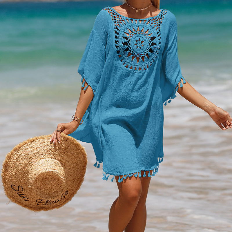 Vacation Hand Crocheting Solid Color Stitching Beach Dress Fimbrilla Sun Protection Short Sexy Beach Blouse