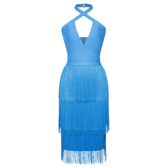 Dress Bandage Dress Halter Sexy Hollow Out Cutout Blue Tassel Dress Women