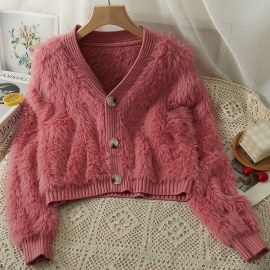 Short Knitted Cardigan Autumn Winter Solid Color Long Wool College V Neck Long Sleeve Artificial Mink Fur Outer Women