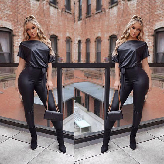Fall Women Clothing Leather  Strap Off The Shoulder Slim Fit One Piece Leather Jumpsuit