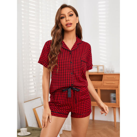 Pajamas Women Spring Summer Plaid Cardigan Short Sleeved Homewear Suit