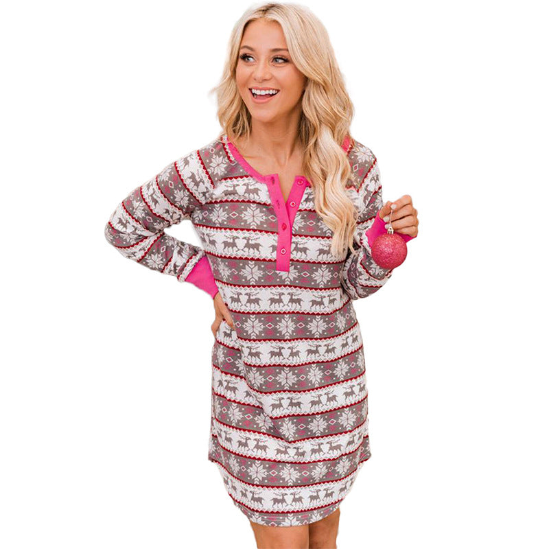 Long Sleeve Loungewear Suit Women Autumn Christmas Printing round Neck Breasted Nightdress