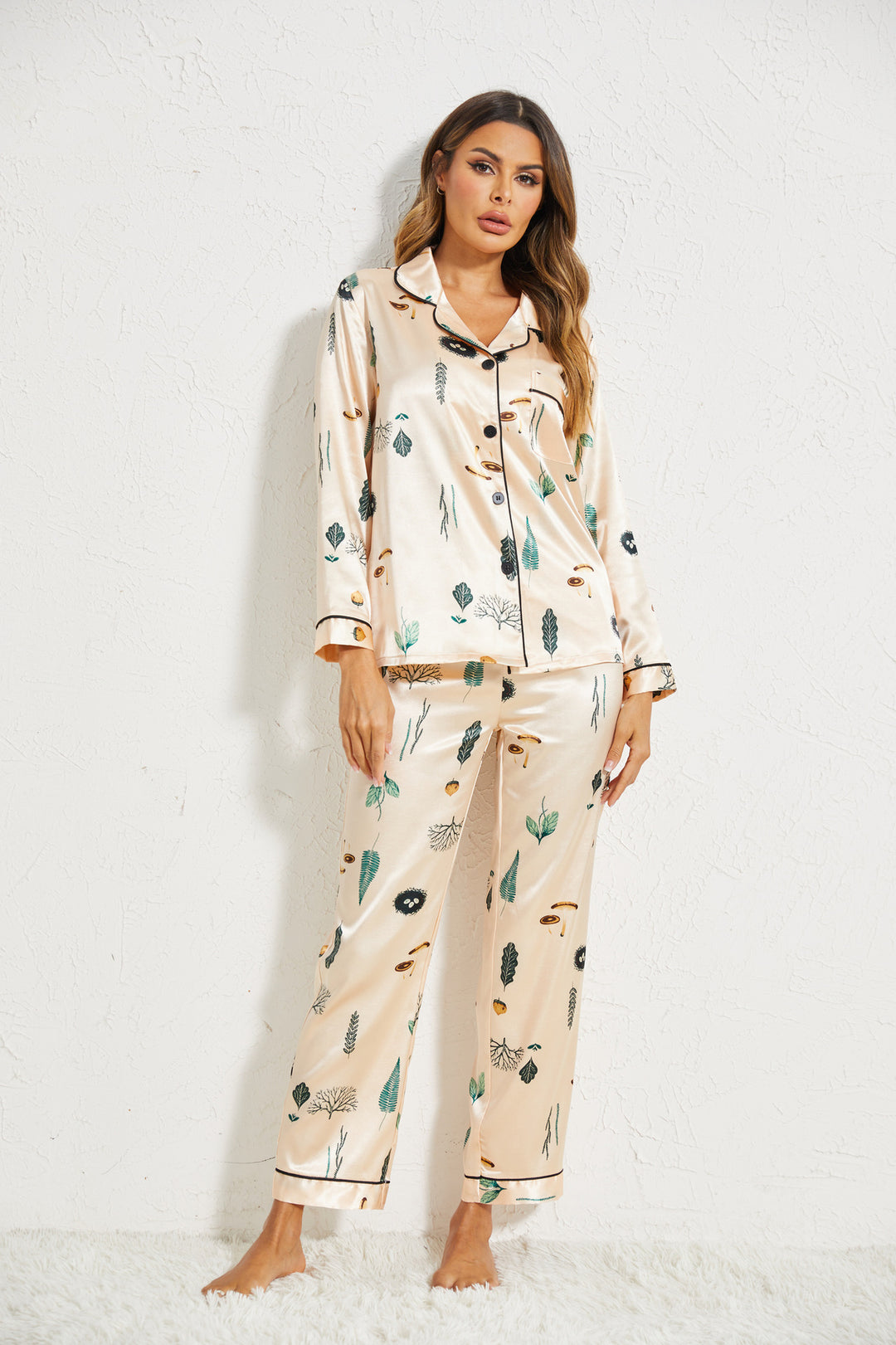 Fall Winter Ladies Home Casual Suit Artificial Silk Satin Printed Pajamas Suit Women