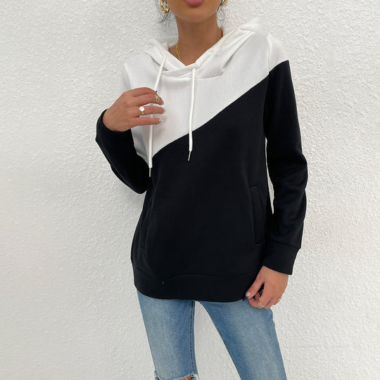 Spring Autumn Women Clothing round Neck Long Sleeve Black White Stitching Hooded Pullover Tops Sweater