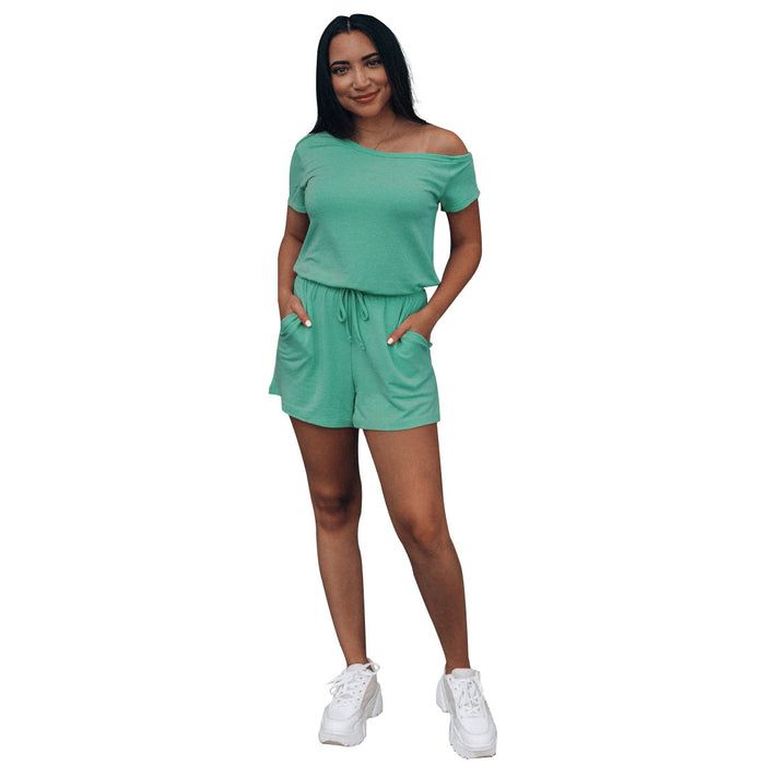 Summer Fashionable Changeable Solid Color off-the-Shoulder Short Sleeve Women Clothing Urban Casual Loose Romper