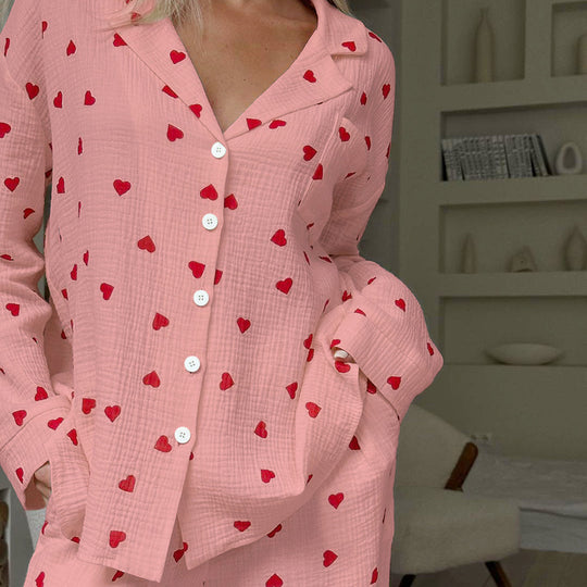 Autumn Heart Printing Cotton Pajamas Two Piece Cardigan Double Crepe Ladies Homewear