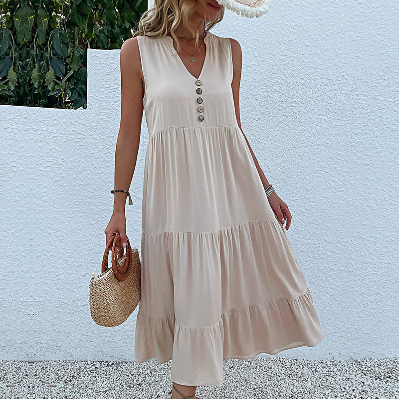 Summer Vest Dress Sleeveless Loose Casual Solid Color Babydoll Dress