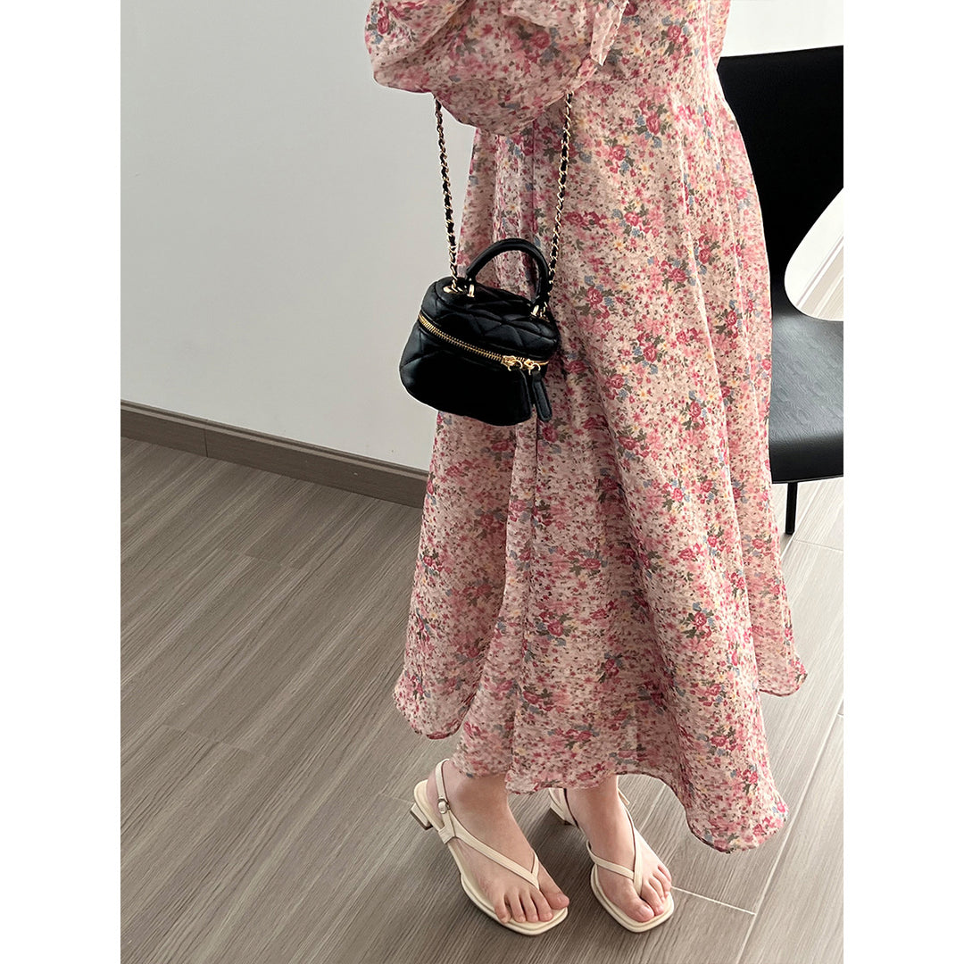 V neck Floral Dress Autumn Puff Sleeve Slimming Cinched Mid Length Dress