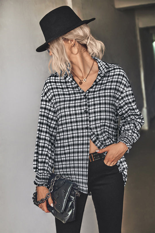 Autumn Winter Loose Puff Sleeve Plaid Shirt