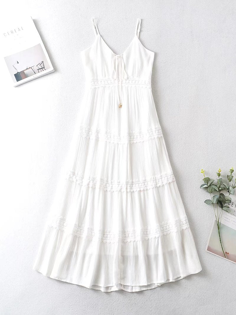 Sundress Spring New Fashion Simple V neck Chest Lace up White A line Dress Women