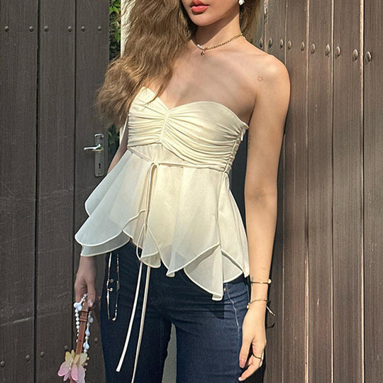 Solid Color Pleated Sexy Vacation Tube Top Side Invisible Zipper Hem Irregular Asymmetric Vest for Women