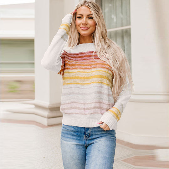 Autumn Pullover Crew Neck Sweater Women Casual Mixed Color Stripe Printing Thermal Long Sleeve Top Women