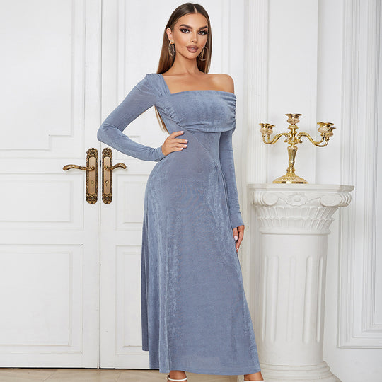 Dress Simple Sexy Oblique Shoulder off Shoulder Pleated Slim Fit Long Sleeved Dress for Women