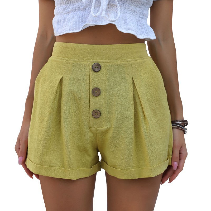 Summer Button Decorations Cotton Linen Shorts Solid Color Casual Wide-Leg Pants for Women