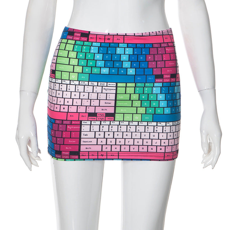 Summer Cool Street Keyboard 3D Printing Slim Fit Hip Wrapped Short Skirt