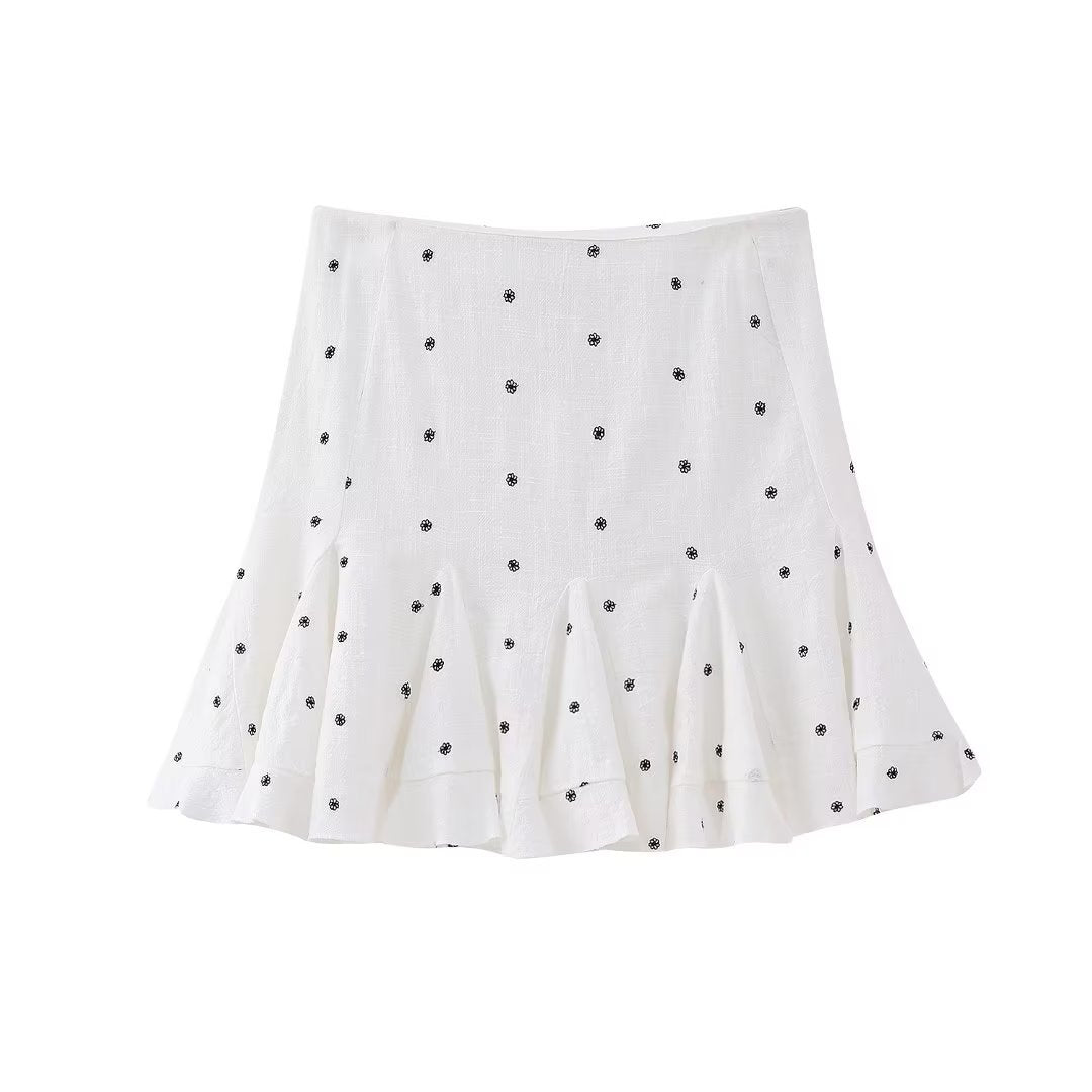 Summer Women Clothing Contrast Color Embroidery Decorative High Waist Mini Skirt