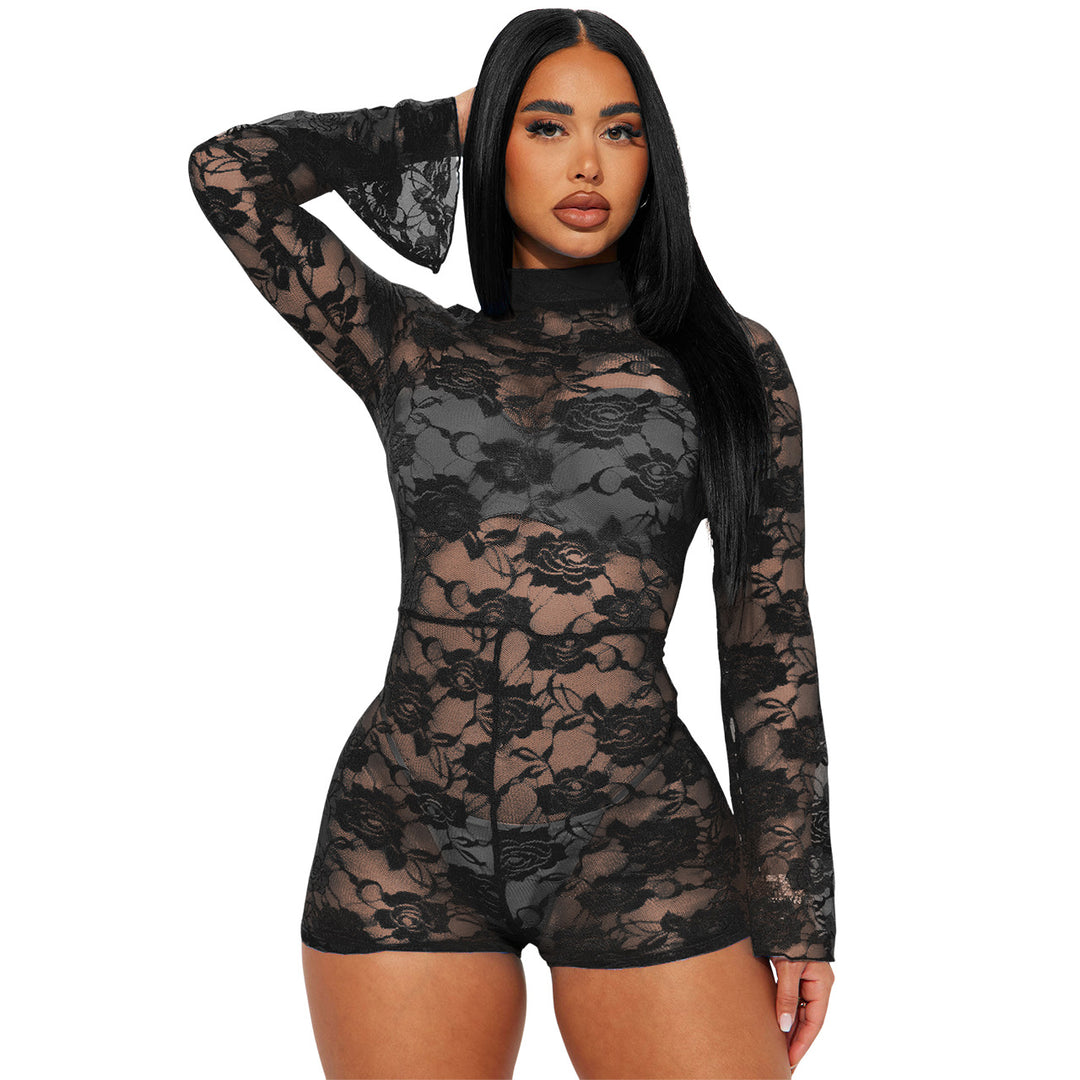 Women Clothing Eaby Floral Lace Elastic Micro Pull Sleeve Sexy Jumpsuit