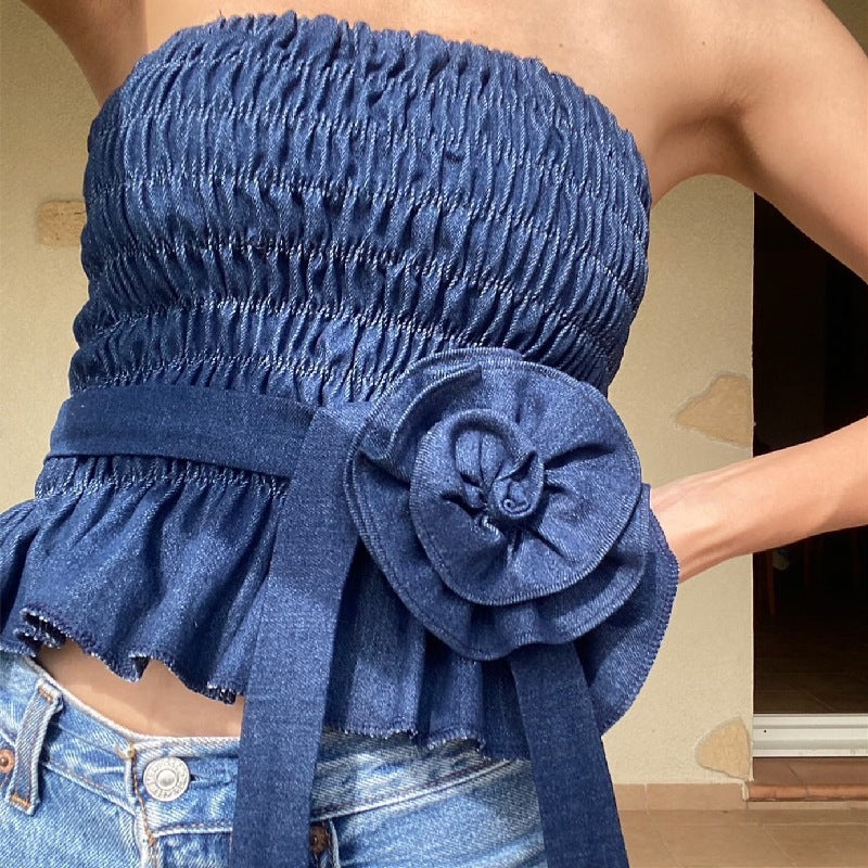 Summer Sexy Retro Denim Blue Floral Decorative Pleated Short Tube Top