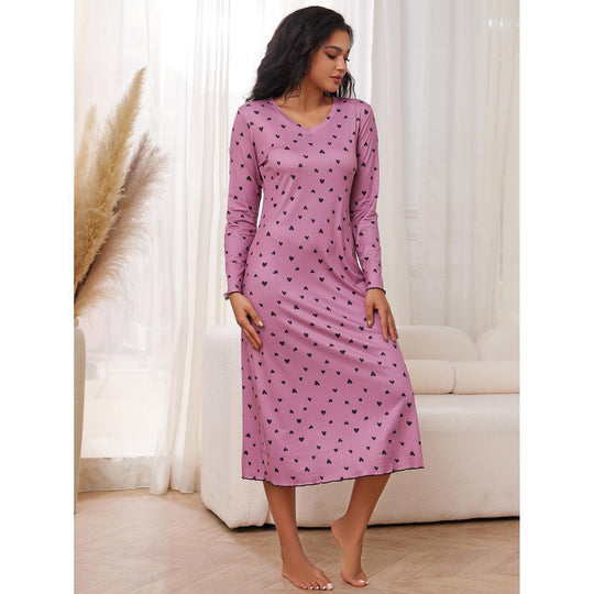 Long Pajamas Women Spring Autumn V Neck Heart Shaped Printed Long Sleeved Nightdress Women