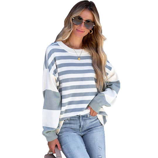 Striped Sweater Women Spring Autumn Puff Sleeve round Neck Long Sleeve Pullover Women Top