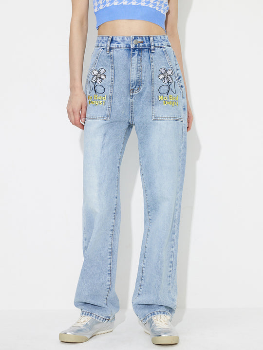 Women Clothing Straight Embroidered Loose High Waist Denim Trousers