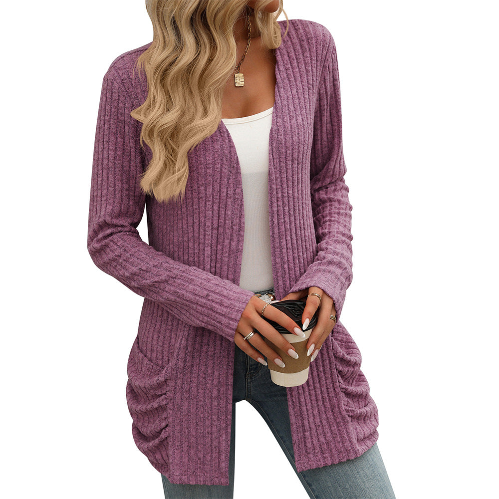 Autumn Winter Solid Color Rib Fabric Brushed Pocket Cardigan Long Sleeve Coat Women