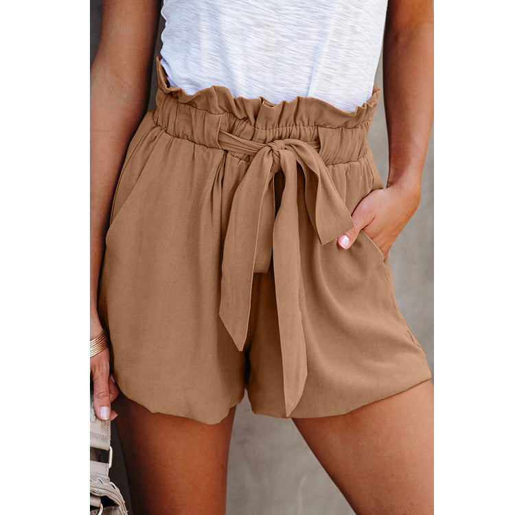 Elastic Waistband Lace-up Solid Color Casual Pants Women Loose High Waist Simple Shorts Wide Leg Pants