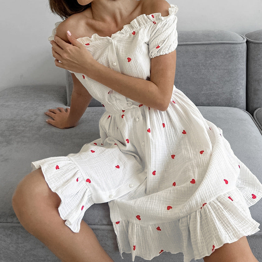 Summer White Cotton Heart Printing Nightdress Loose Soft Breathable Ruffled Ladies Homewear