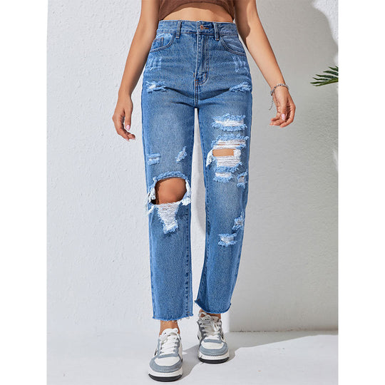 Jeans Women Straight Ripped Trousers Frayed Street Denim